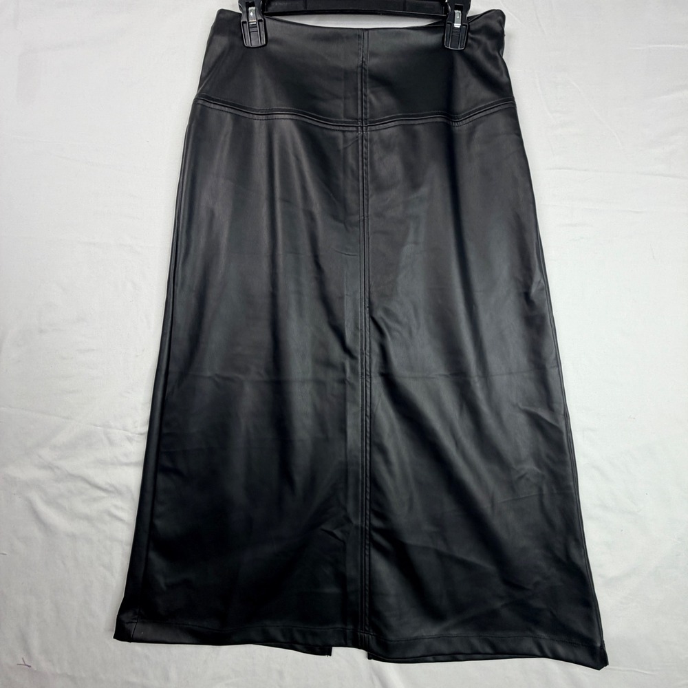 A New Day Black Faux Leather Midi Skirt Size 8 High Waisted Back Slit Pencil